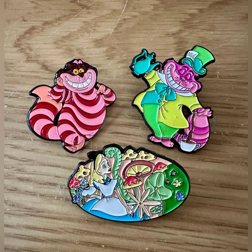 Disney Cheshire Cat and Alice Enamel Pins - Pink, Green, Blue